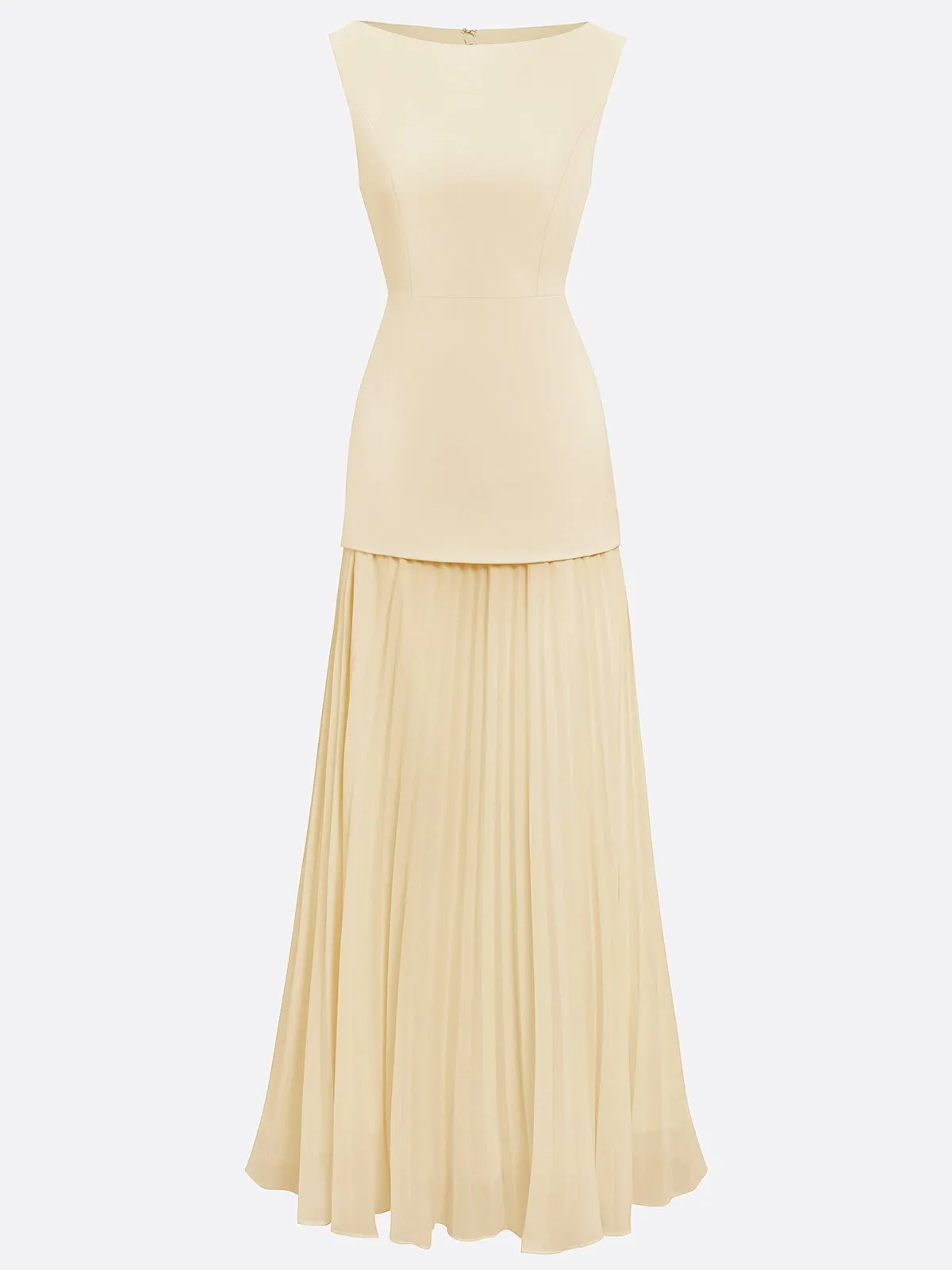 Light Yellow Pleated Classic Boat Neck Sleeveless A-Line Floor-length Gown Dress