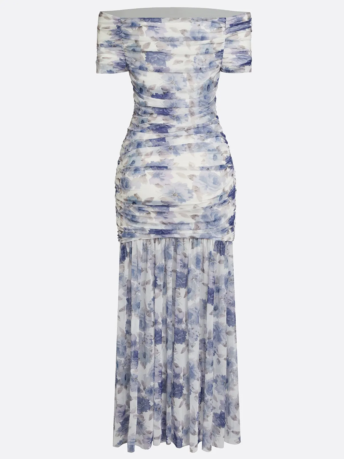 Blue Floral Gathered Tulle Off The Shoulder Short Sleeve Mermaid Floor-length Gown Dress