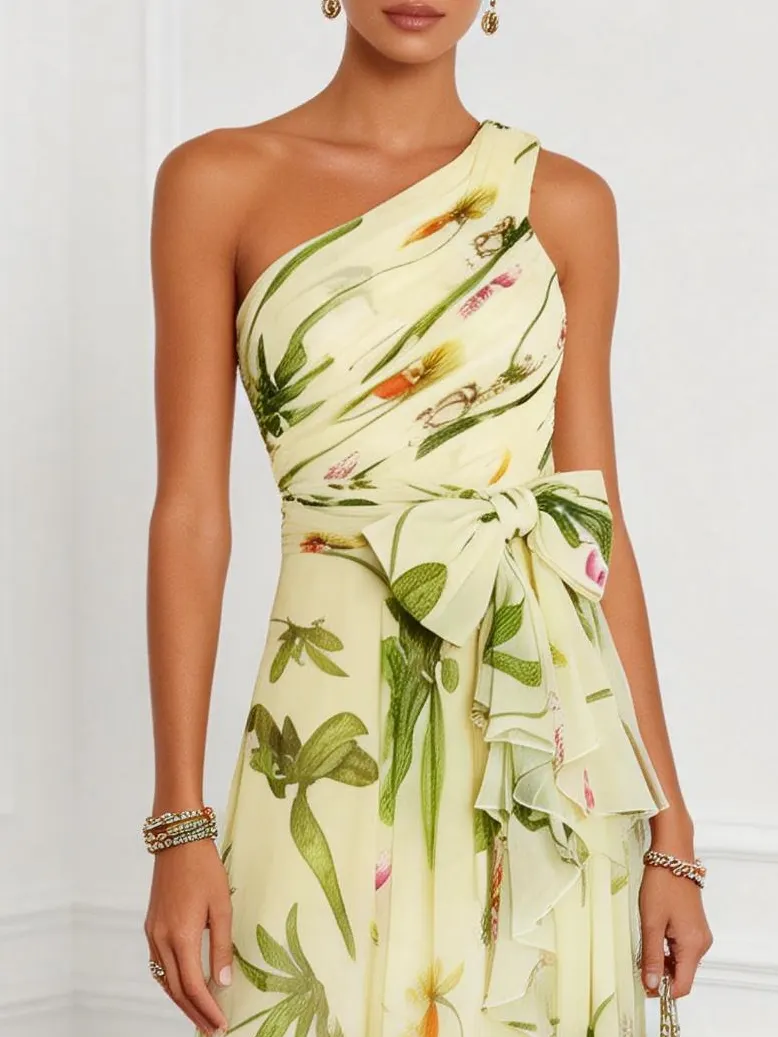 Yellow Floral Bow Chiffon One Shoulder Sleeveless A-Line Maxi Dress