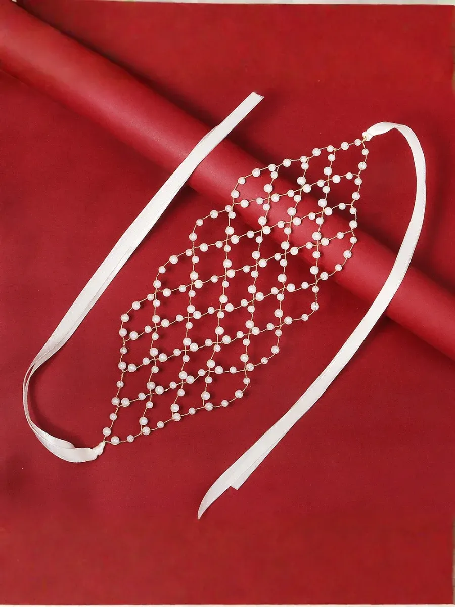 Handmade Beaded Pearl Mesh Wedding Dress Headbands For Brides