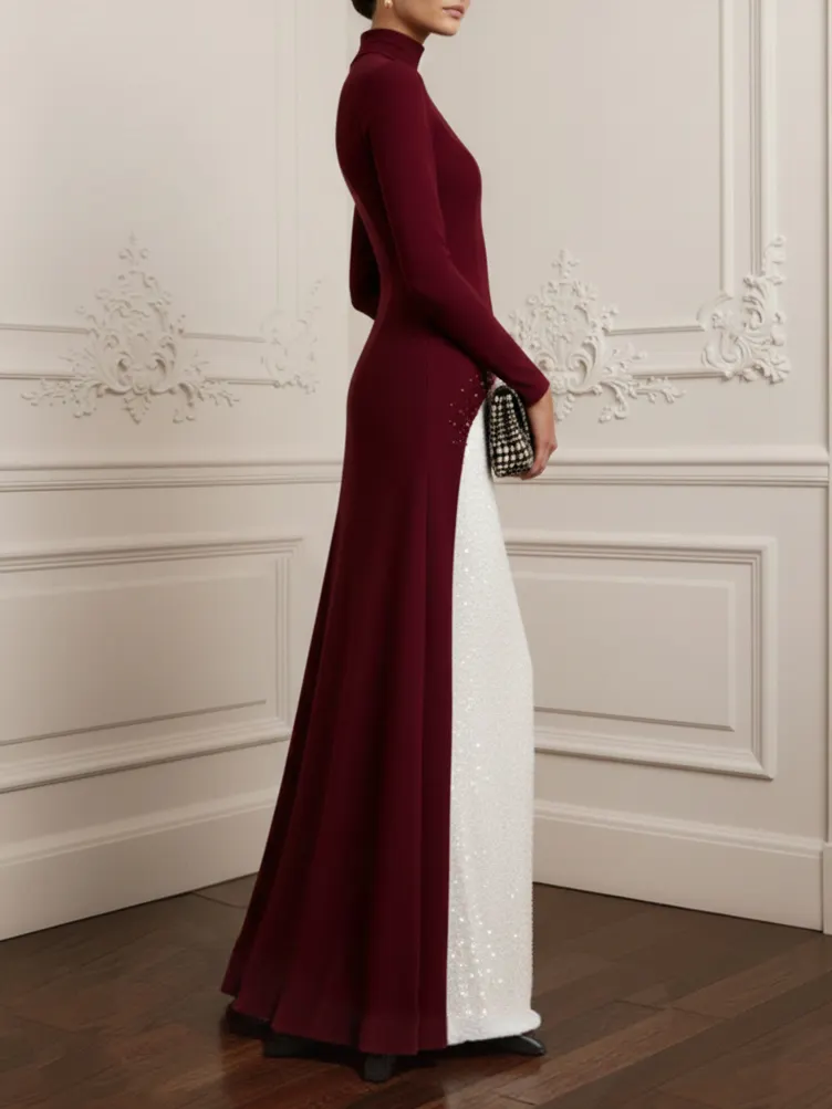 Women Burgundy Hot Drilling Sequin Mock Neck Long Sleeve Gown Dressy Top With Skirt Two-Piece Set