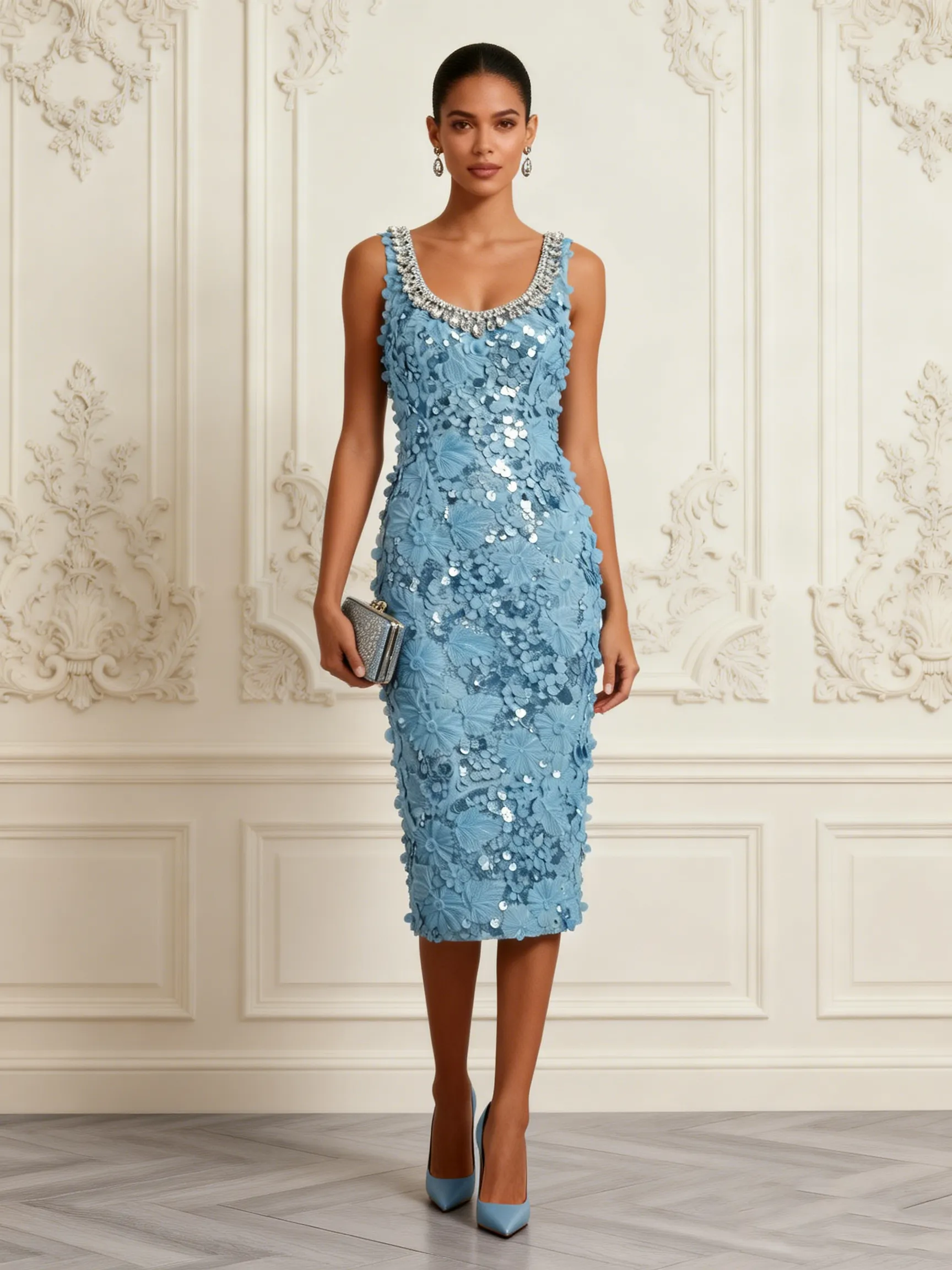 Light Blue Rhinestone 3D Floral Sequin U-Neck Sleeveless Sheath Midi Dress