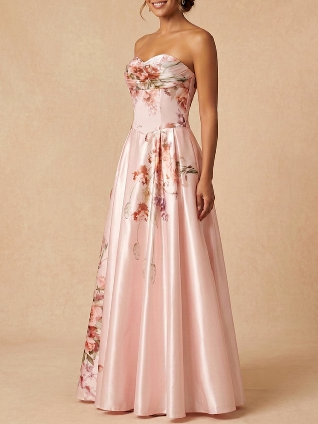 Pink Floral Strapless Mother of the Bride Dress A-Line Satin Gown