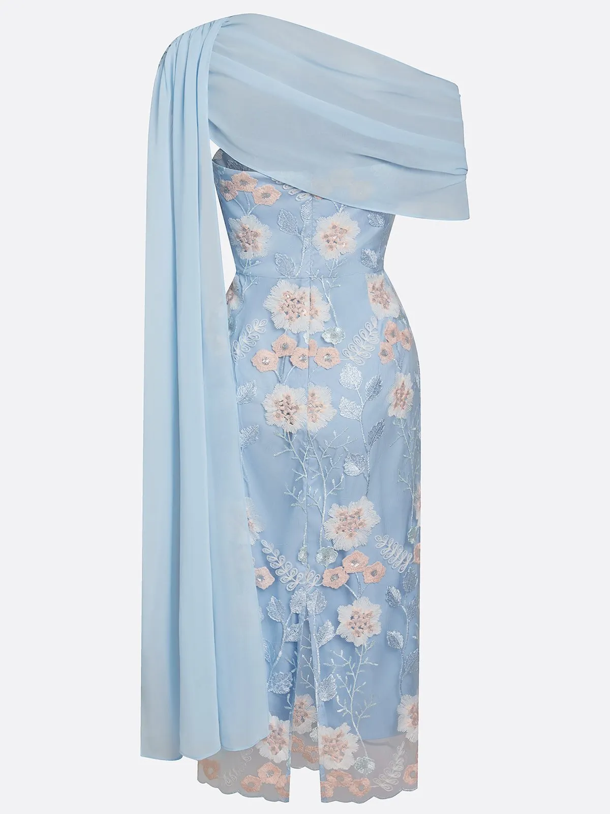 Light Blue Floral Embroidered Lace Mother of the Bride Dress with Chiffon Cape Overlay