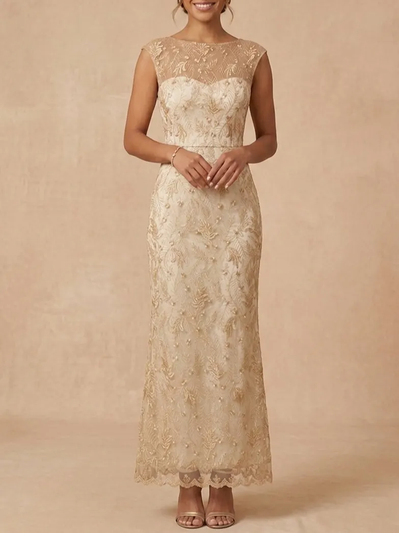 Champagne Lace Embroidered Mother of the Bride Dress - Elegant Sheath Wedding Guest Gown