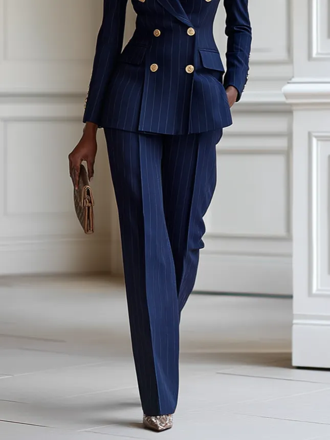 Women Navy Blue Buckle Lapel Collar Long Sleeve Dressy Blazer With Pants Two-Piece Set