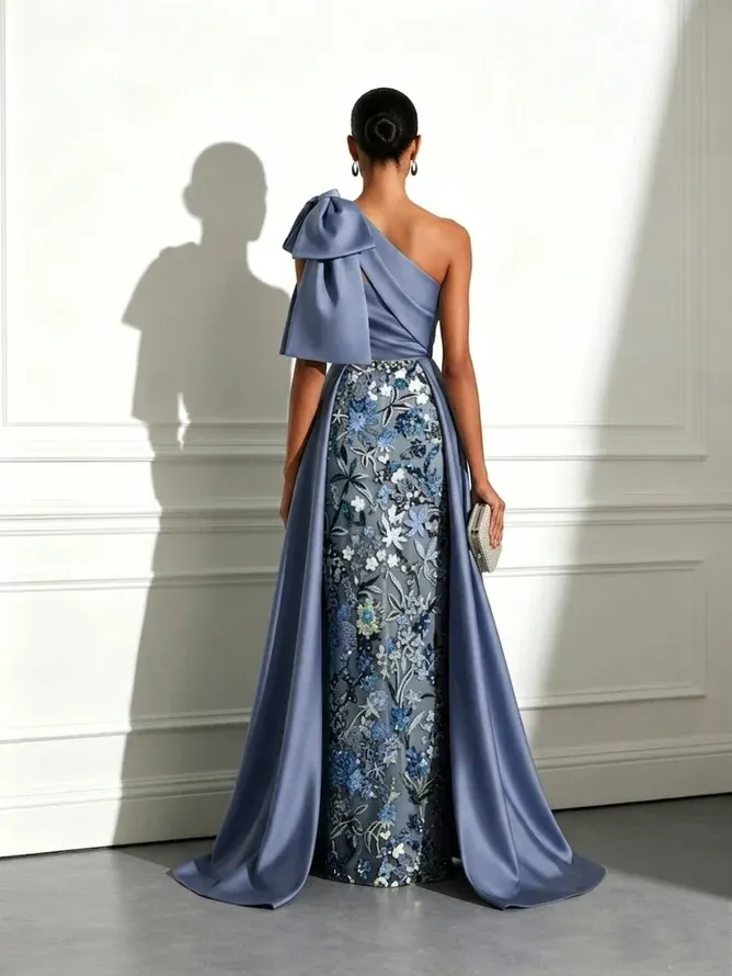 Blue Bow Satin Sequin One Shoulder Sleeveless A-Line Gown Dress