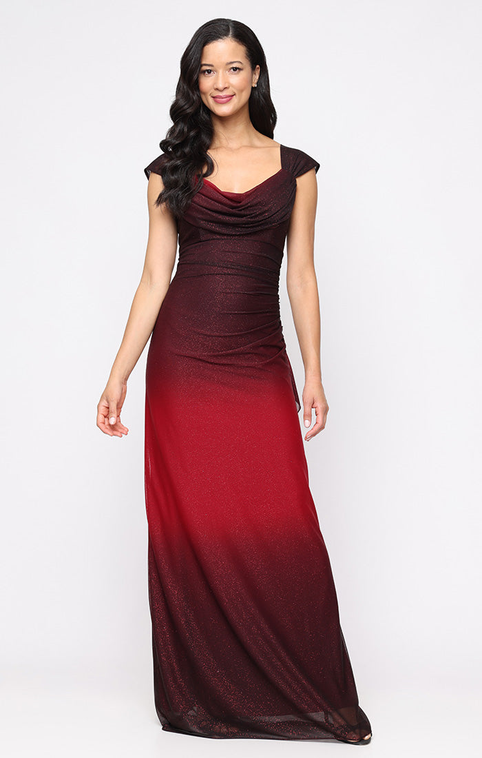 Glitter Mesh Cowl-Neck Gown - WINE MULTI