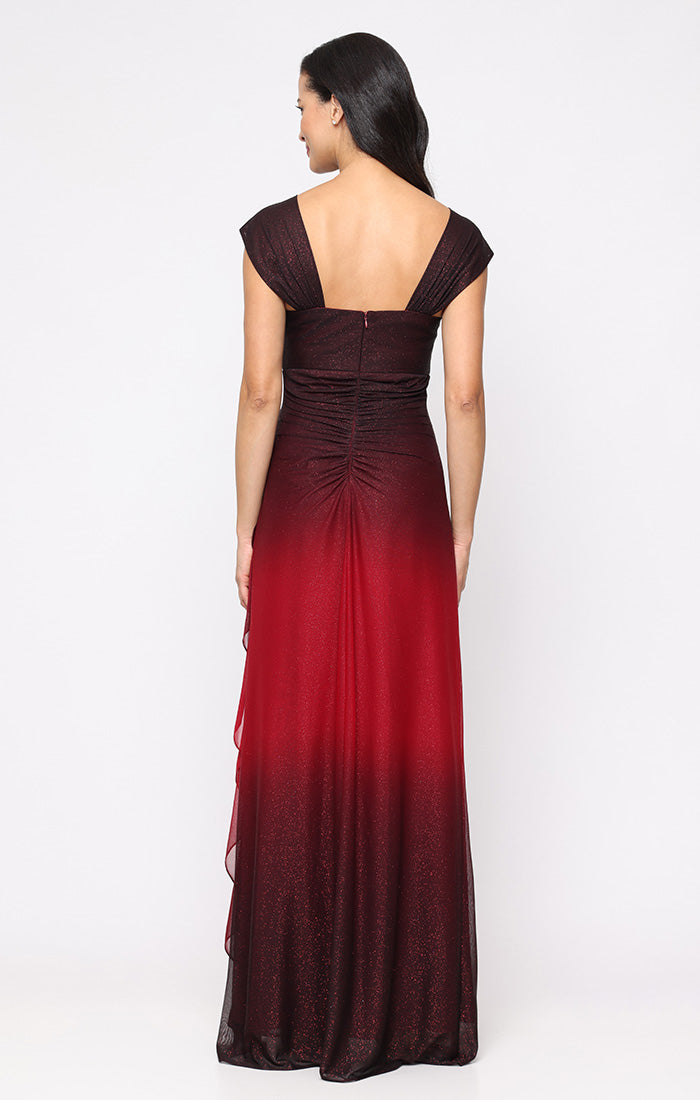 Glitter Mesh Cowl-Neck Gown - WINE MULTI