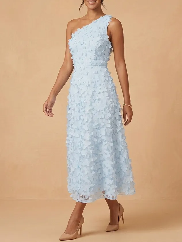 One Shoulder 3D Floral Applique Midi Dress - Elegant Light Blue Mother of the Bride & Groom Gown