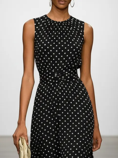 Black Polka Dots Ruched Chiffon Crew Neck Sleeveless A-Line Maxi Dress - Black