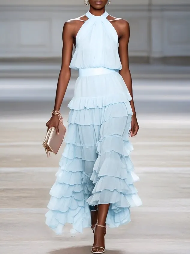 Pink Ruffle Tiered Chiffon Halter Neck Sleeveless A-Line Two-piece Set Top with Skirt