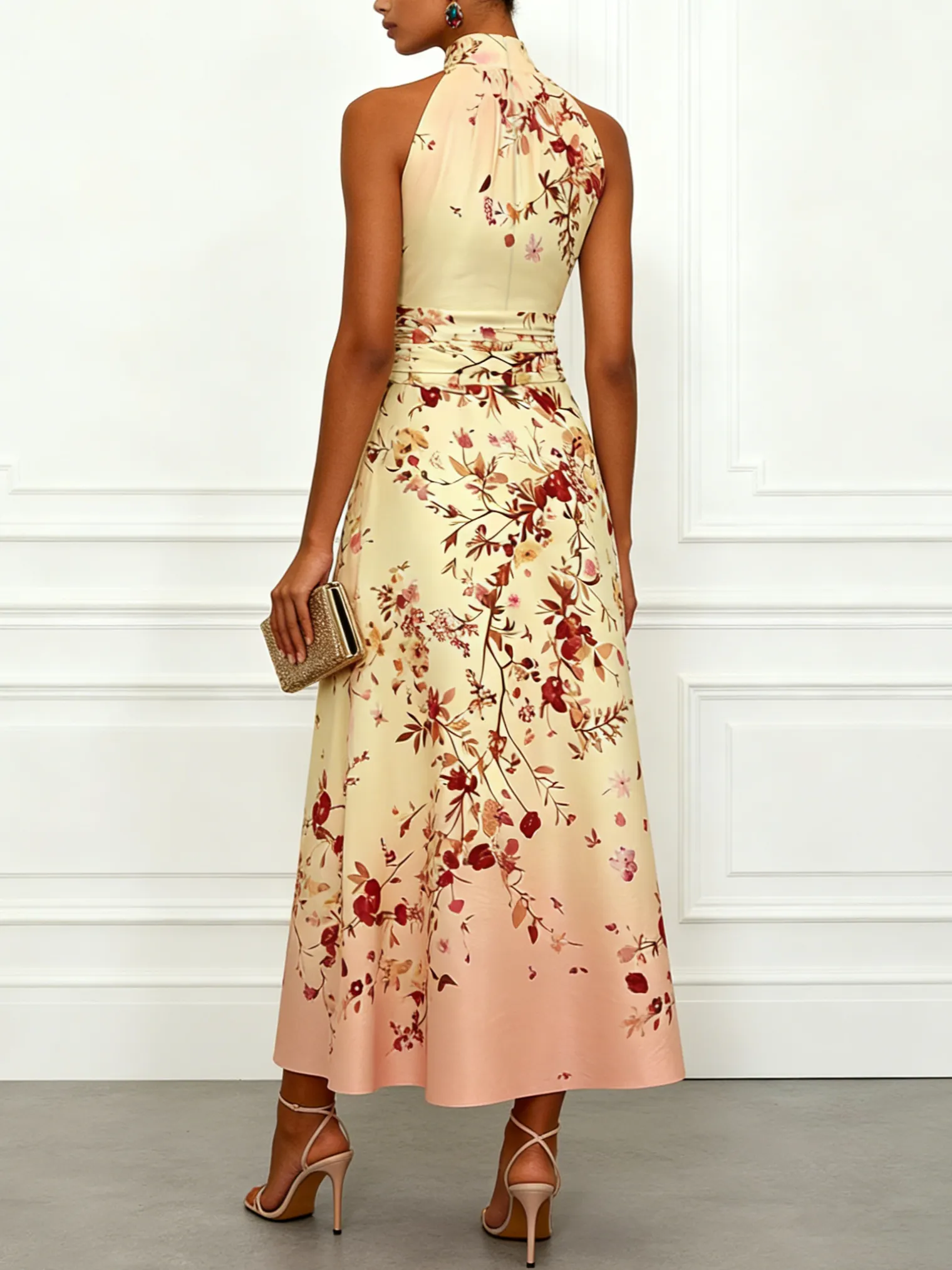 Pale Yellow Floral Classic Halter Mock Neck Sleeveless A-Line Maxi Dress