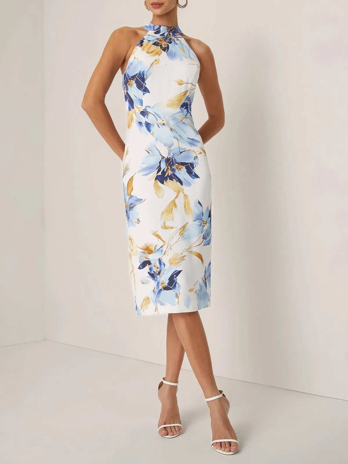 Blue Floral Satin Halter Neck Sleeveless Sheath Midi Dress