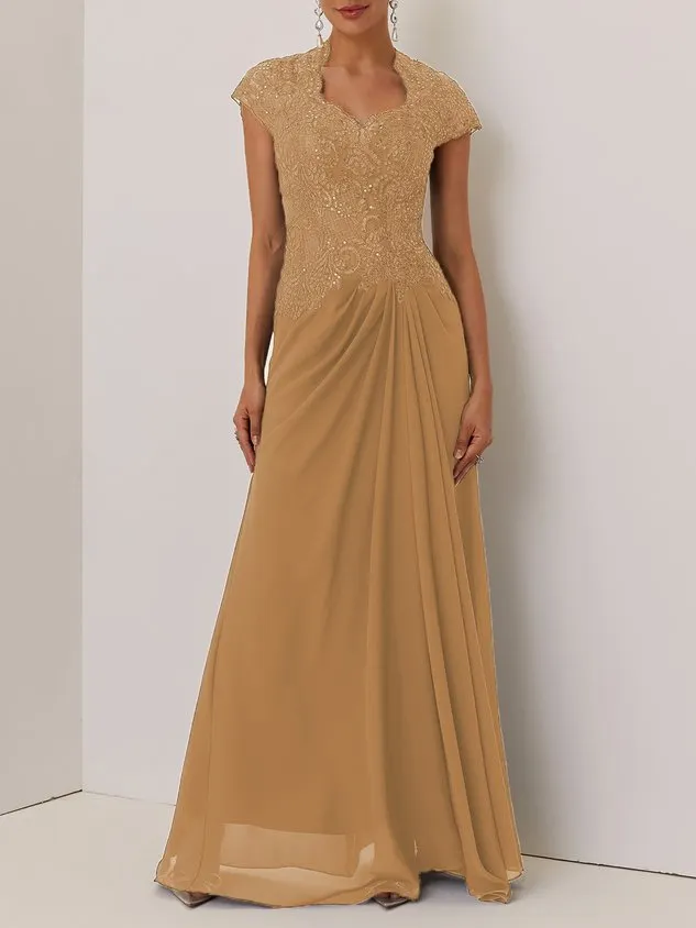 Purplish blue Sequin Lace Chiffon Dress Sweetheart Neckline Short Sleeve A-Line Maxi Mother of the Bride or Groom Dress