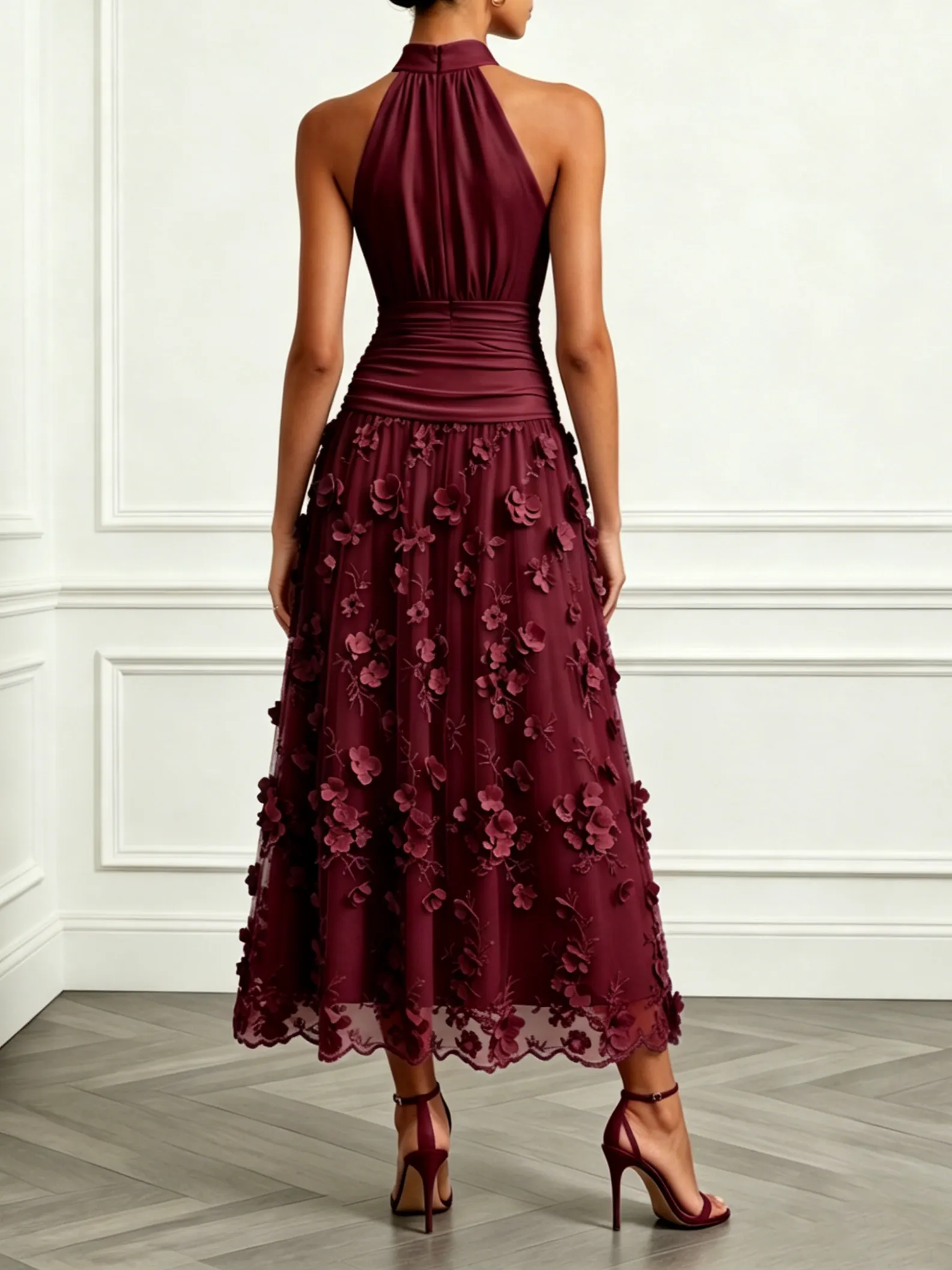 Wine Red 3D Floral Appliqué Embroidery Classic Halter Neck Sleeveless A-Line Maxi Dress - Wine Red