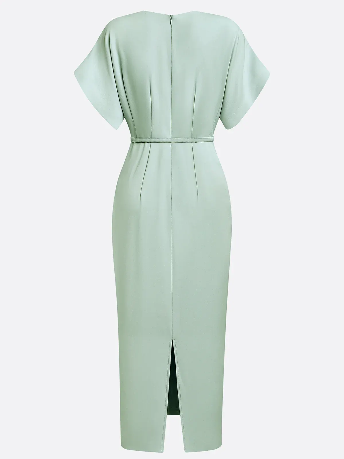 Light Green Slit Classic V Neck Cap Sleeve Dolman Sleeve Sheath Midi Dress
