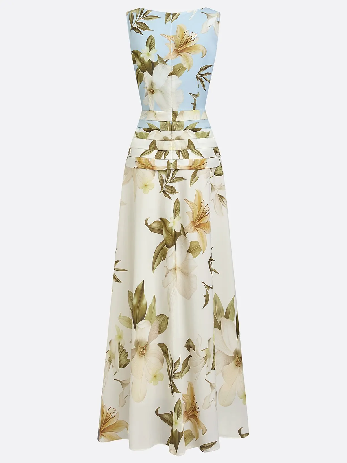 Light Blue Floral Ruched Classic Boat Neck Sleeveless A-Line Floor-length Gown Dress