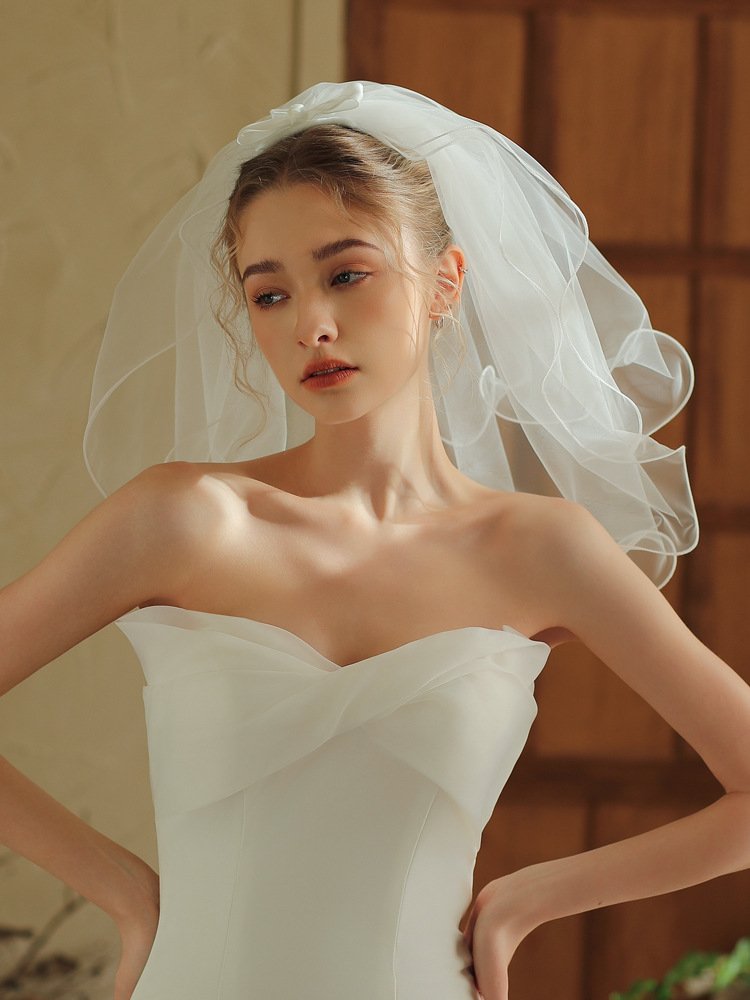 Short Bow-embroidered Double-layered Rolled-edge Bridal Veil