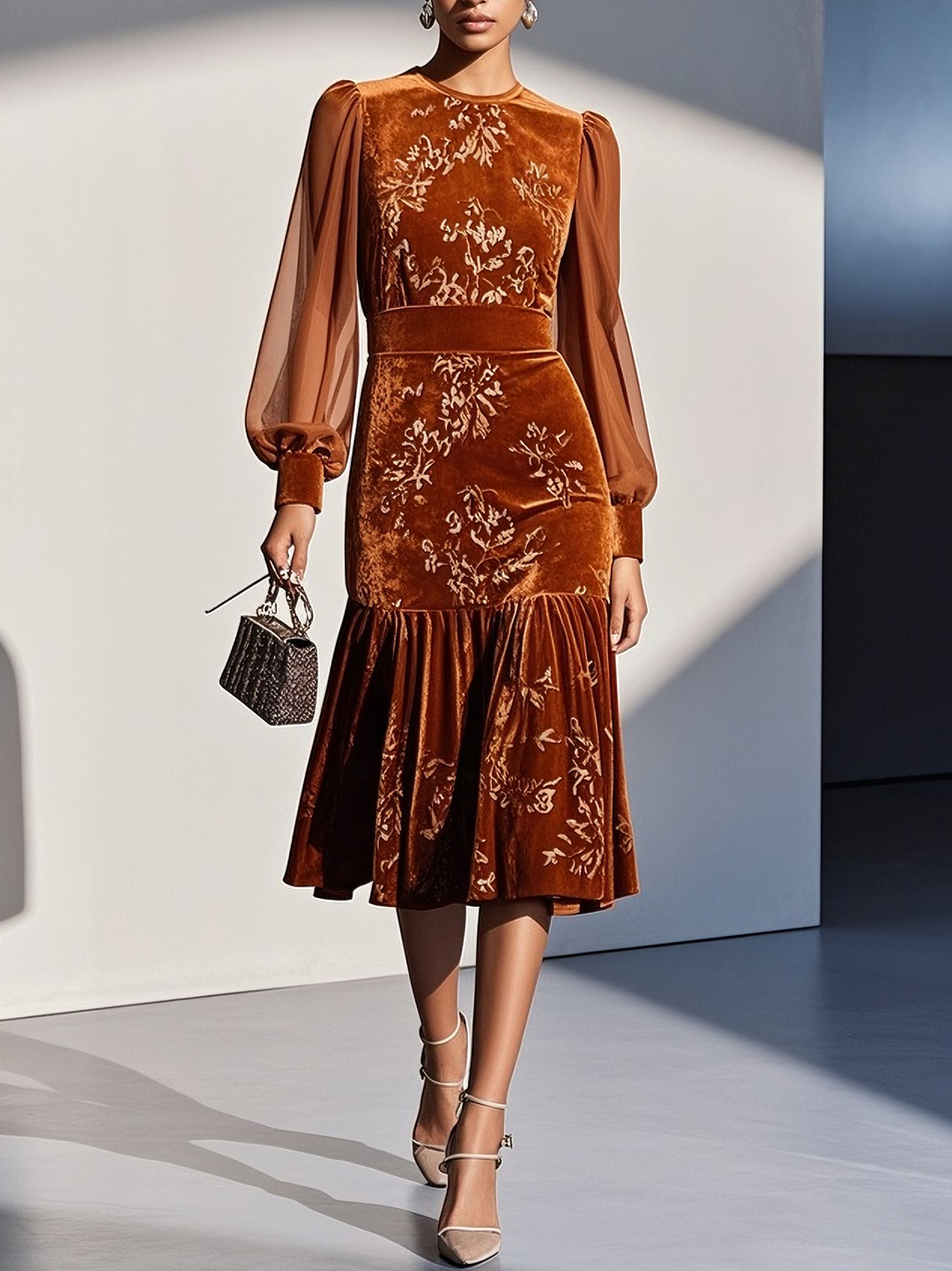 Caramel Brown Mesh Jacquard Velvet Crew Neck Long Sleeve Balloon Sleeve Mermaid Midi Dress - Caramel
