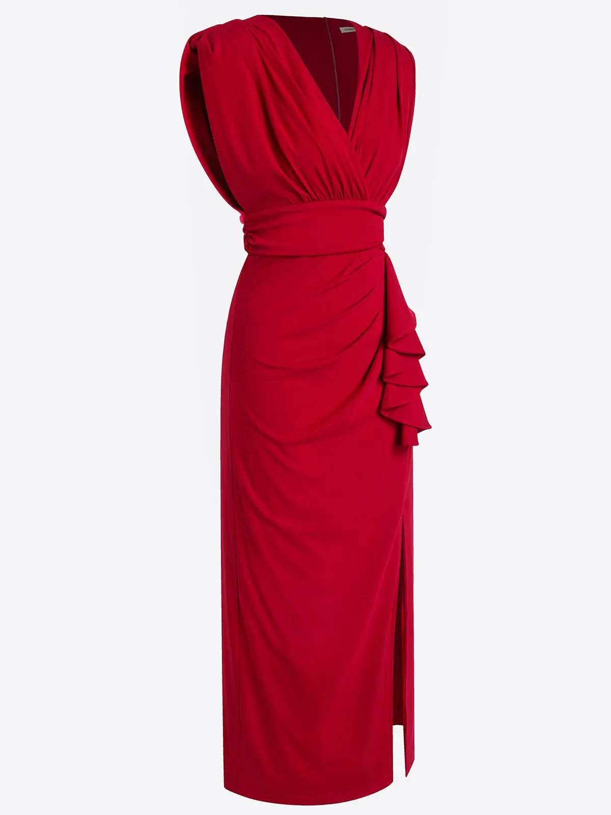 Red Ruffled Knit V Neck Sleeveless Sheath Maxi Dress