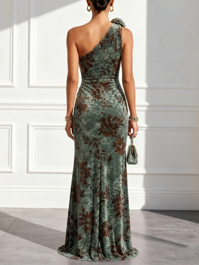 Green 3D Floral Side-Slit Classic One Shoulder Sleeveless A-Line Gown Dress - Green