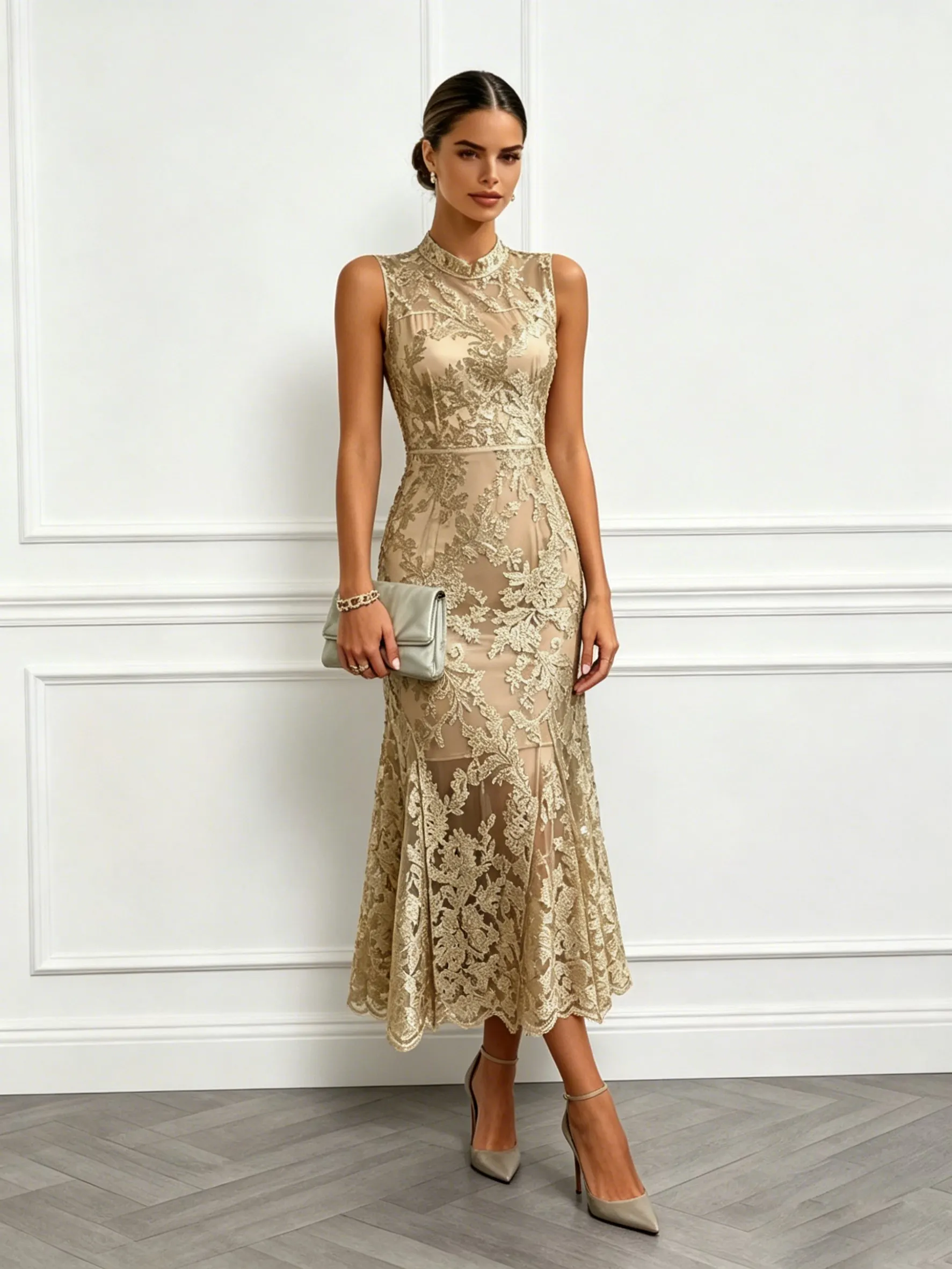Golden Jacquard Lace Mock Neck Sleeveless Mermaid Midi Dress
