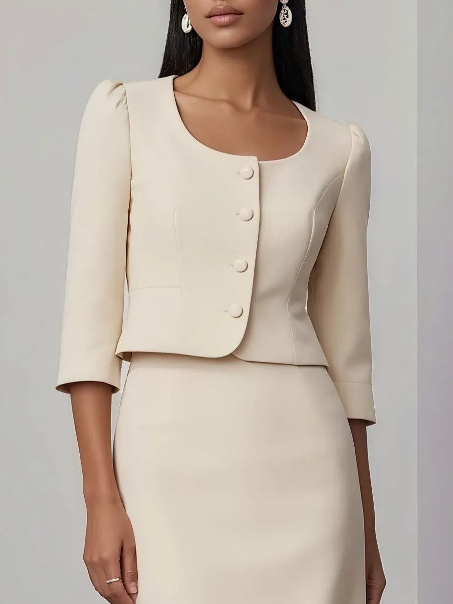Women Beige Buckle U-Neck Half Sleeve Dressy Coat With Skirt Two-Piece Set