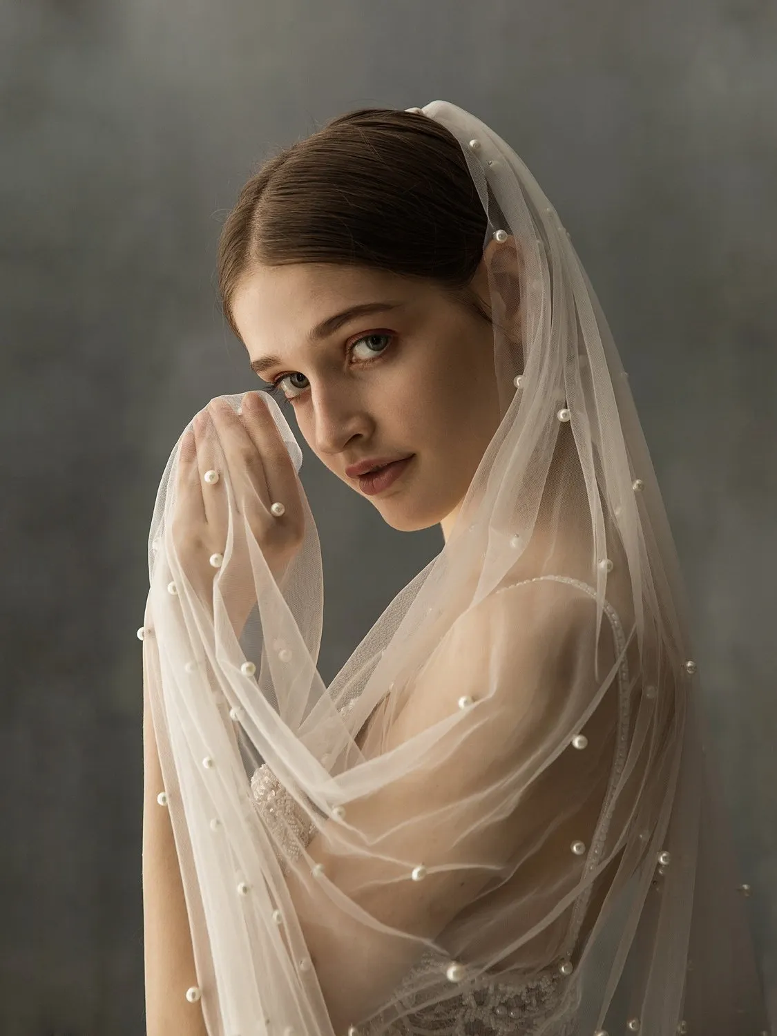 Hand-Sewn Hair Comb Pearls Long Train Soft Tulle Bridal Veil