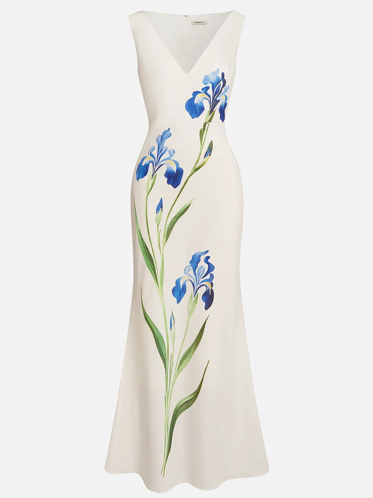 White Floral Classic V Neck Sleeveless A-Line Gown Dress