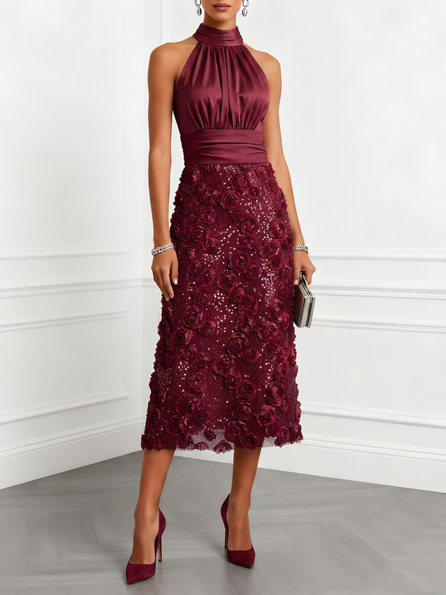 Champagne 3D Floral Glitter Sequin Mock Neck Sleeveless Midi Dress