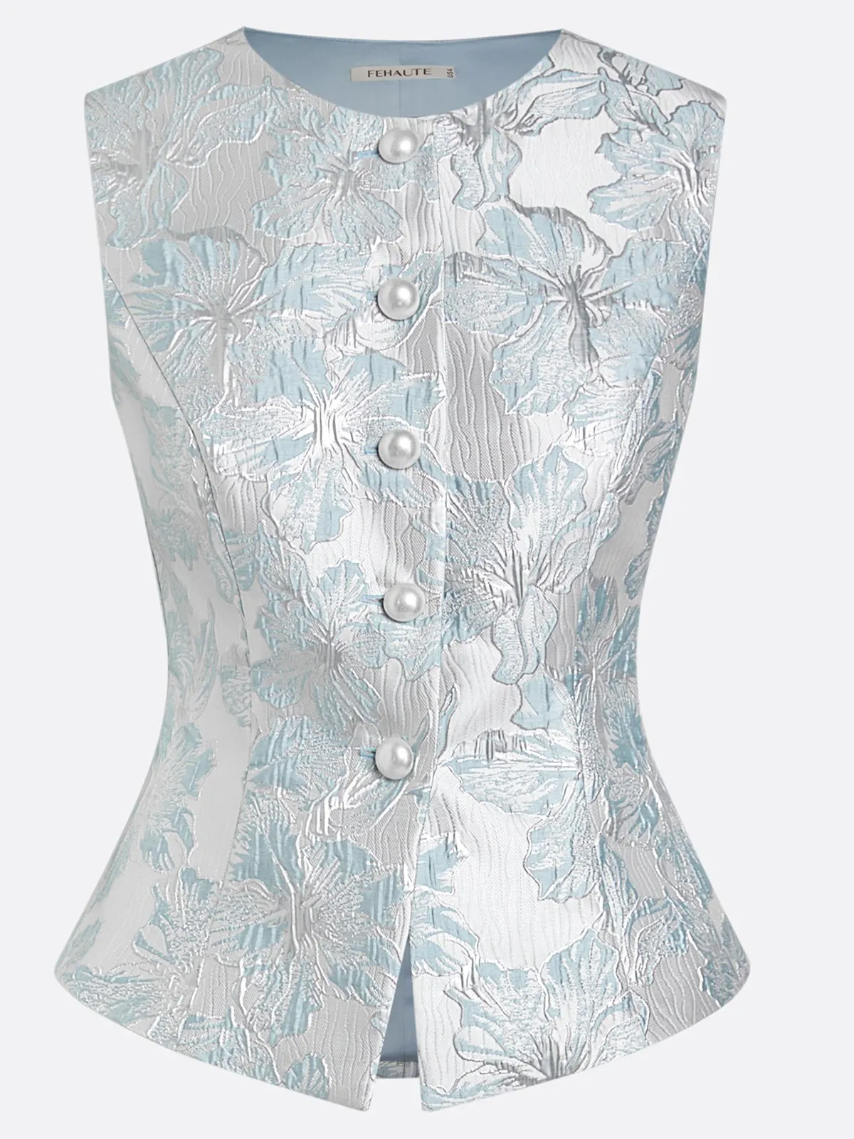Women White Jacquard Floral Buckle Crew Neck Sleeveless Dressy Top With Pants Two-Piece Set