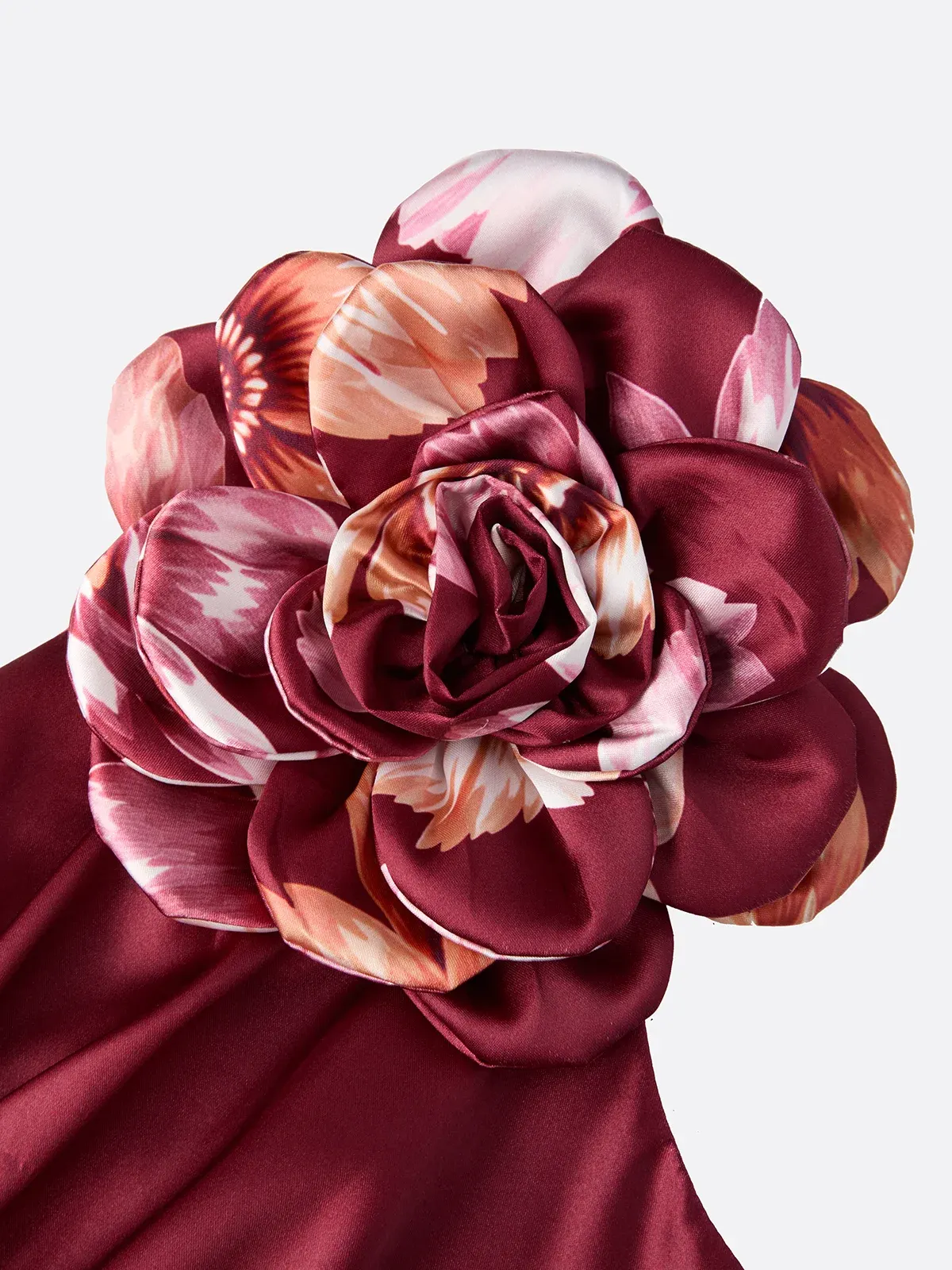 Burgundy 3D Floral Satin One Shoulder Sleeveless Sheath Midi Dress