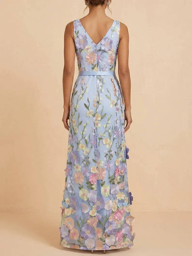 Elegant 3D Floral Applique Mother of the Bride Dress - Pastel Blue V-Neck Maxi Gown with Slit - Light Blue
