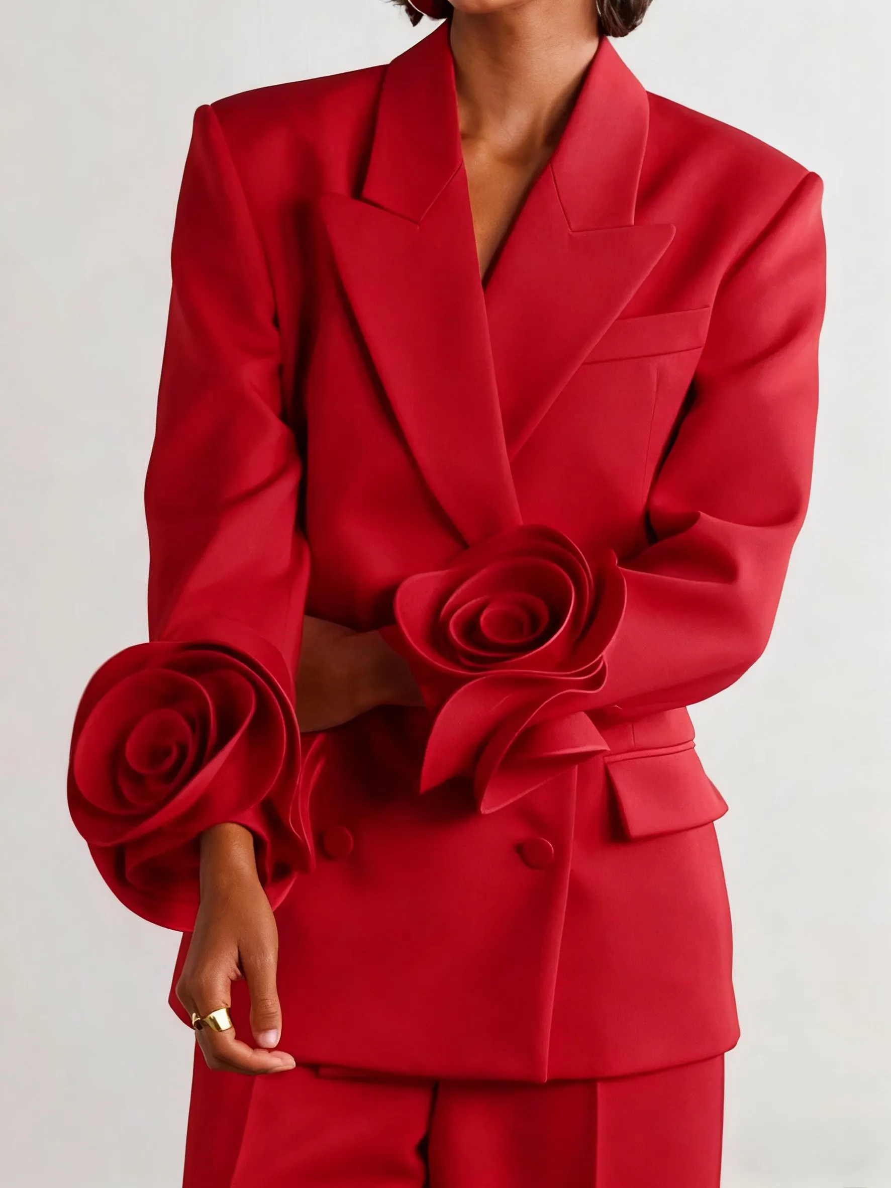 Women Red 3D Floral Lapel Collar Long Sleeve Dressy Blazer With Pants Two-Piece Set