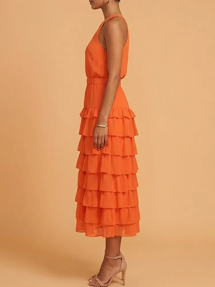 Burnt Orange Halter Tiered Ruffle Maxi Bridesmaid Dress