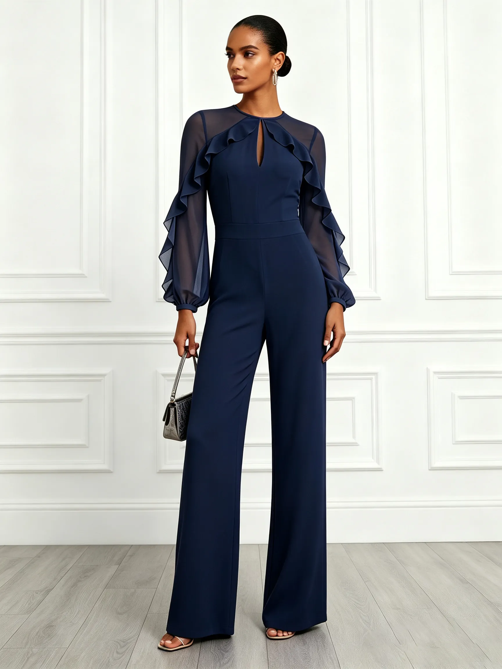 Women Navy Blue Ruffled Crew Neck Long Sleeve Balloon Sleeve Elegant Jumpsuit