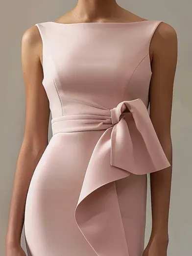 Pink Ruched Boat Neck Sleeveless Sheath Midi Dress