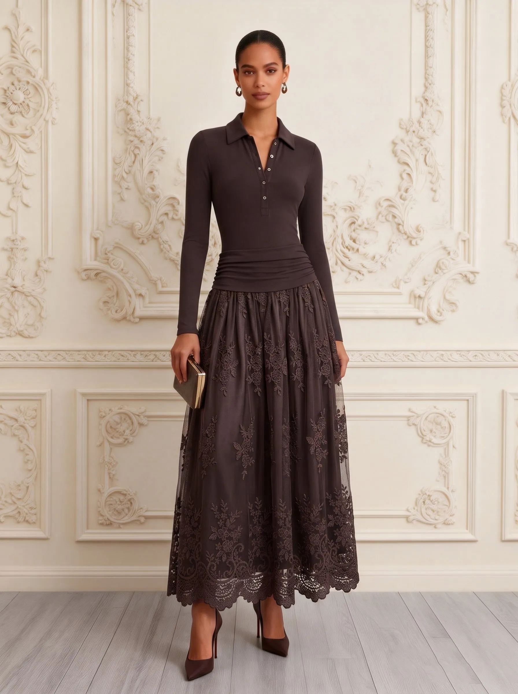 Brown Lace Knit Shirt Collar Long Sleeve A-Line Maxi Dress