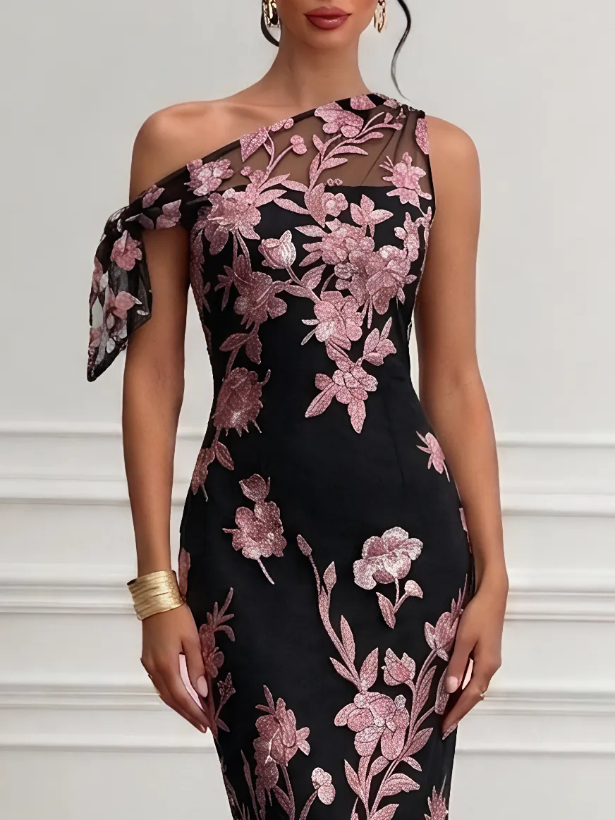 Black Embroidery Bow Lace One Shoulder Sleeveless Sheath Maxi Dress - Black