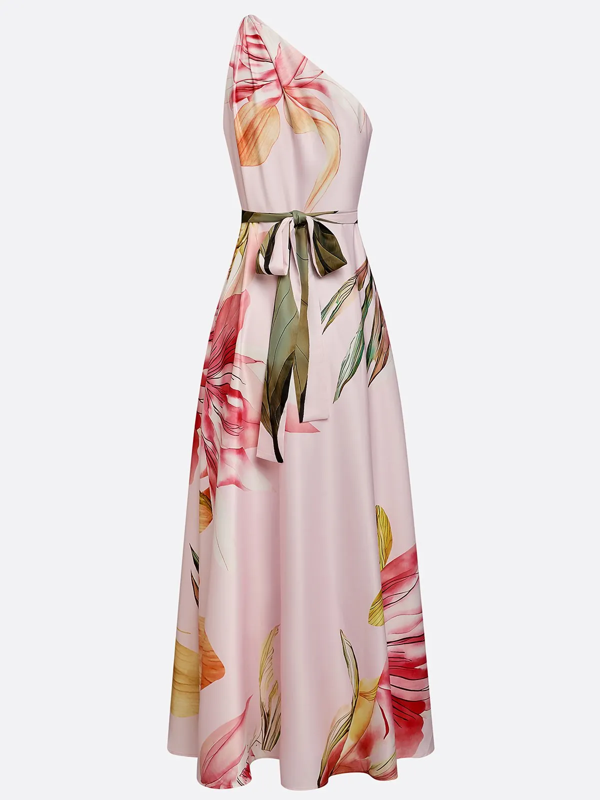 Lavender Purple Floral Satin One Shoulder Sleeveless A-Line Floor-length Gown With Pockets