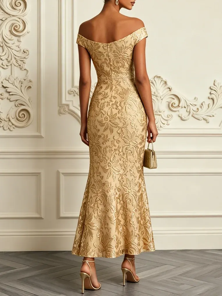 Champagne Jacquard Bone Lace Off The Shoulder Short Sleeve Mermaid Maxi Dress