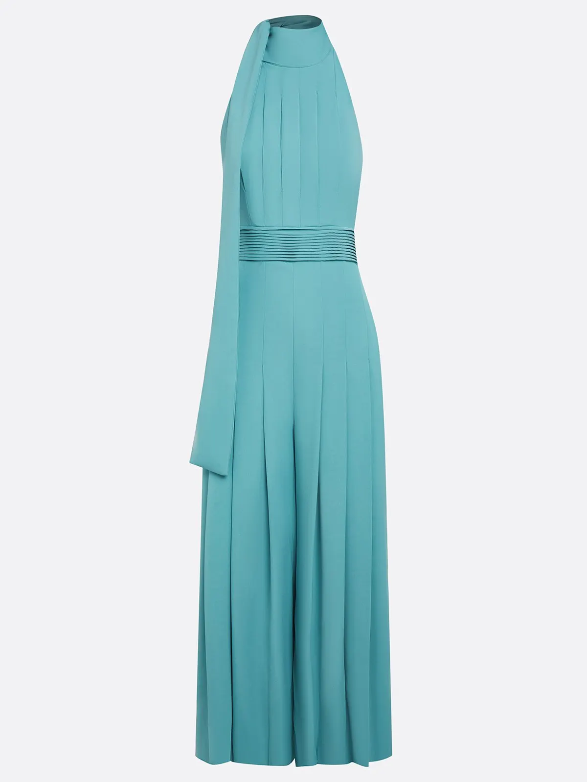 Women Cyan Ruched Halter Mock Neck Sleeveless Dressy Jumpsuit
