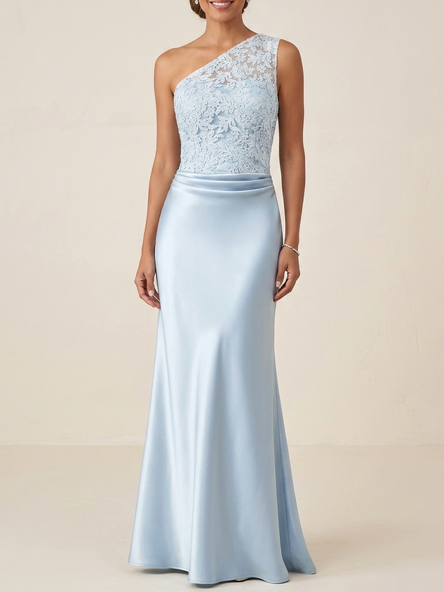 One Shoulder Satin Mother of the Bride Dress with Lace Appliques Formal Floor Length Party Dress