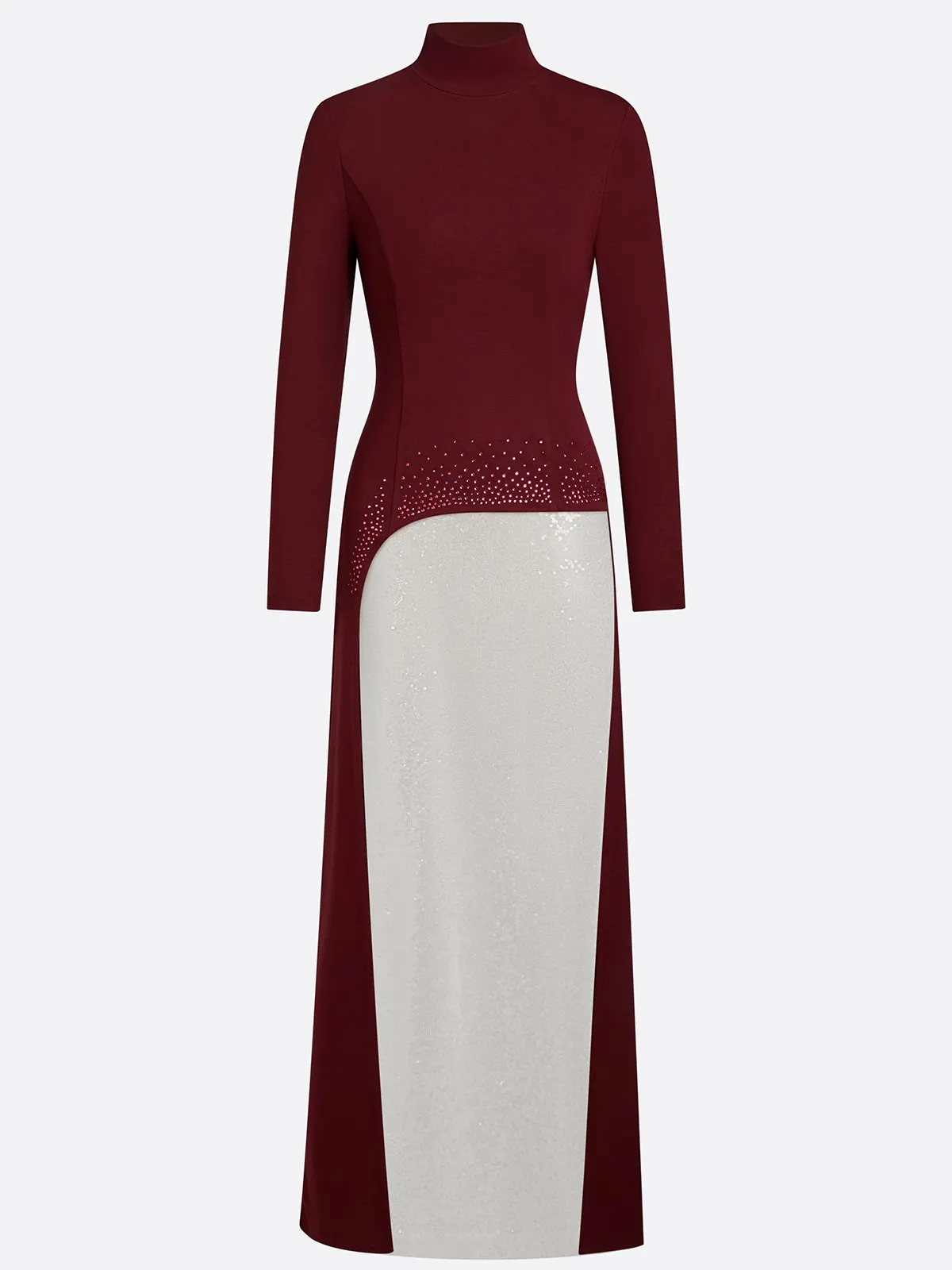 Women Burgundy Hot Drilling Sequin Mock Neck Long Sleeve Gown Dressy Top With Skirt Two-Piece Set
