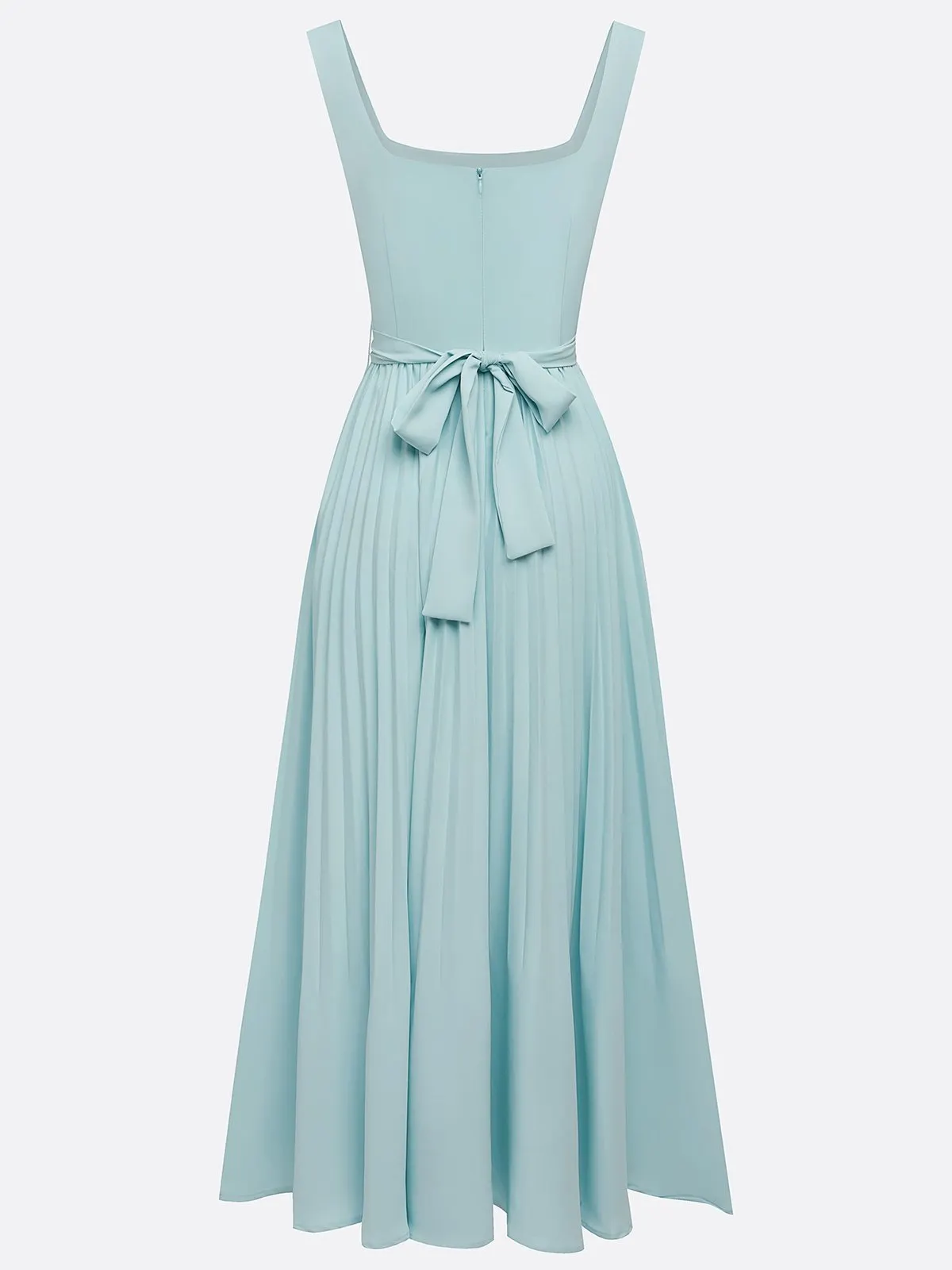 Light Blue Pleated Square Neck Sleeveless A-Line Maxi Dress
