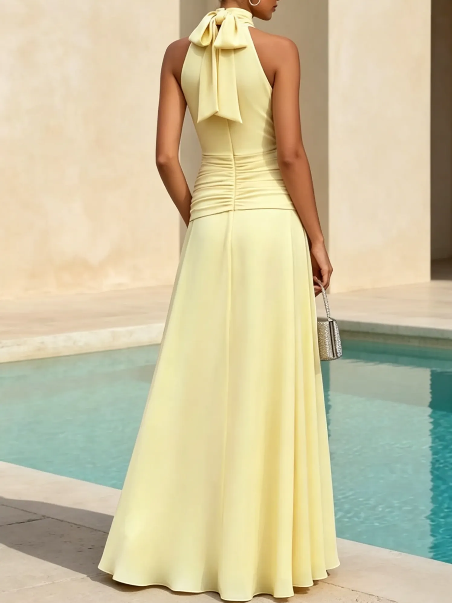 Yellow Ruched Chiffon Halter Neck Sleeveless A-Line  Gown Dress