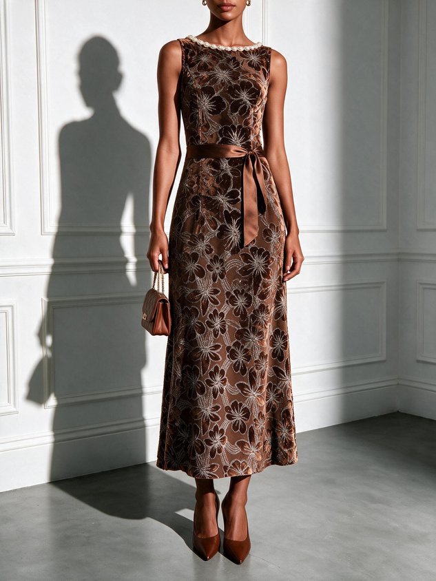 Brown Jacquard Classic Crew Neck Sleeveless A-Line Maxi Dress