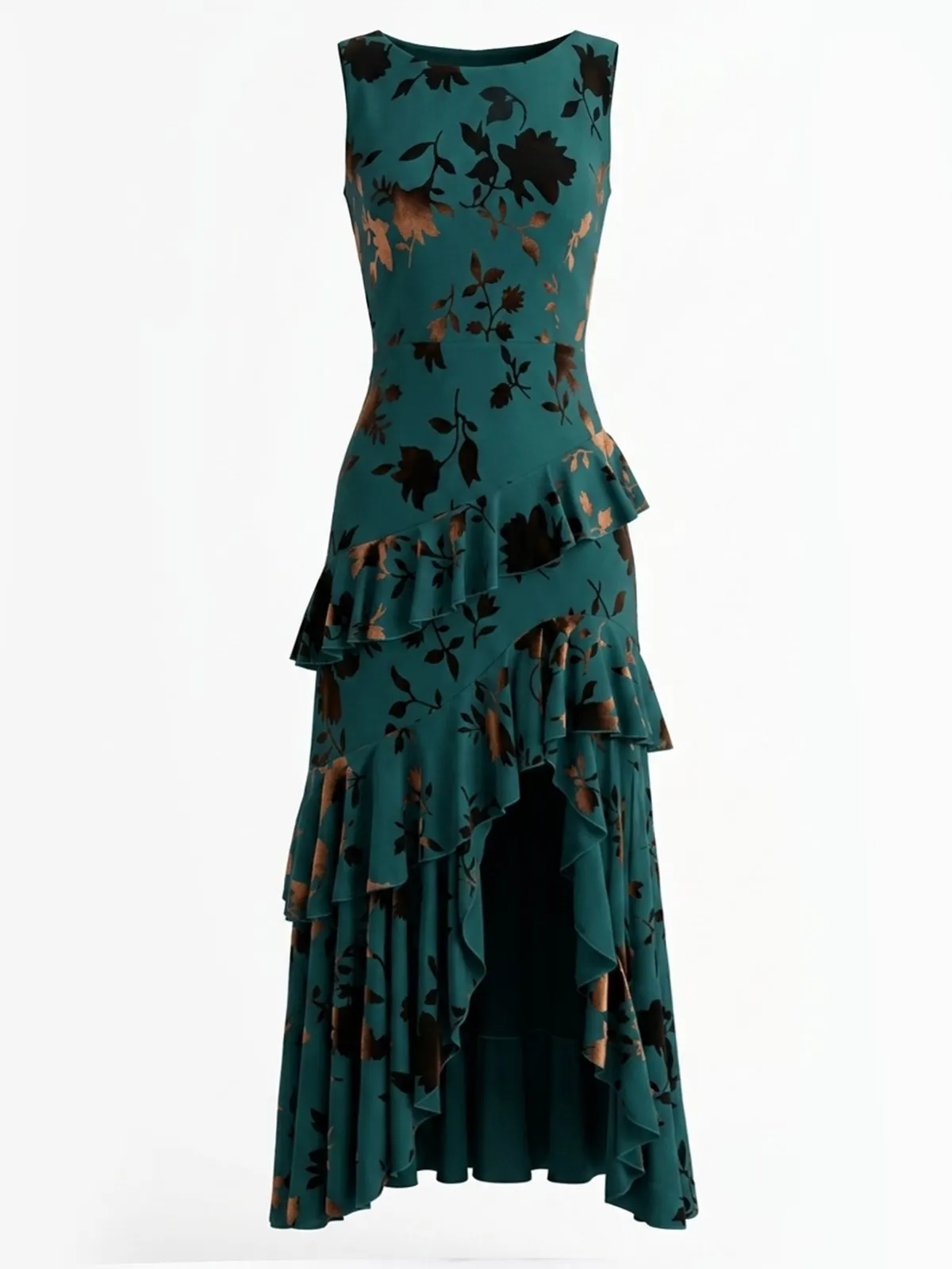 Green Jacquard Ruffled Classic Boat Neck Sleeveless A-Line Maxi Dress