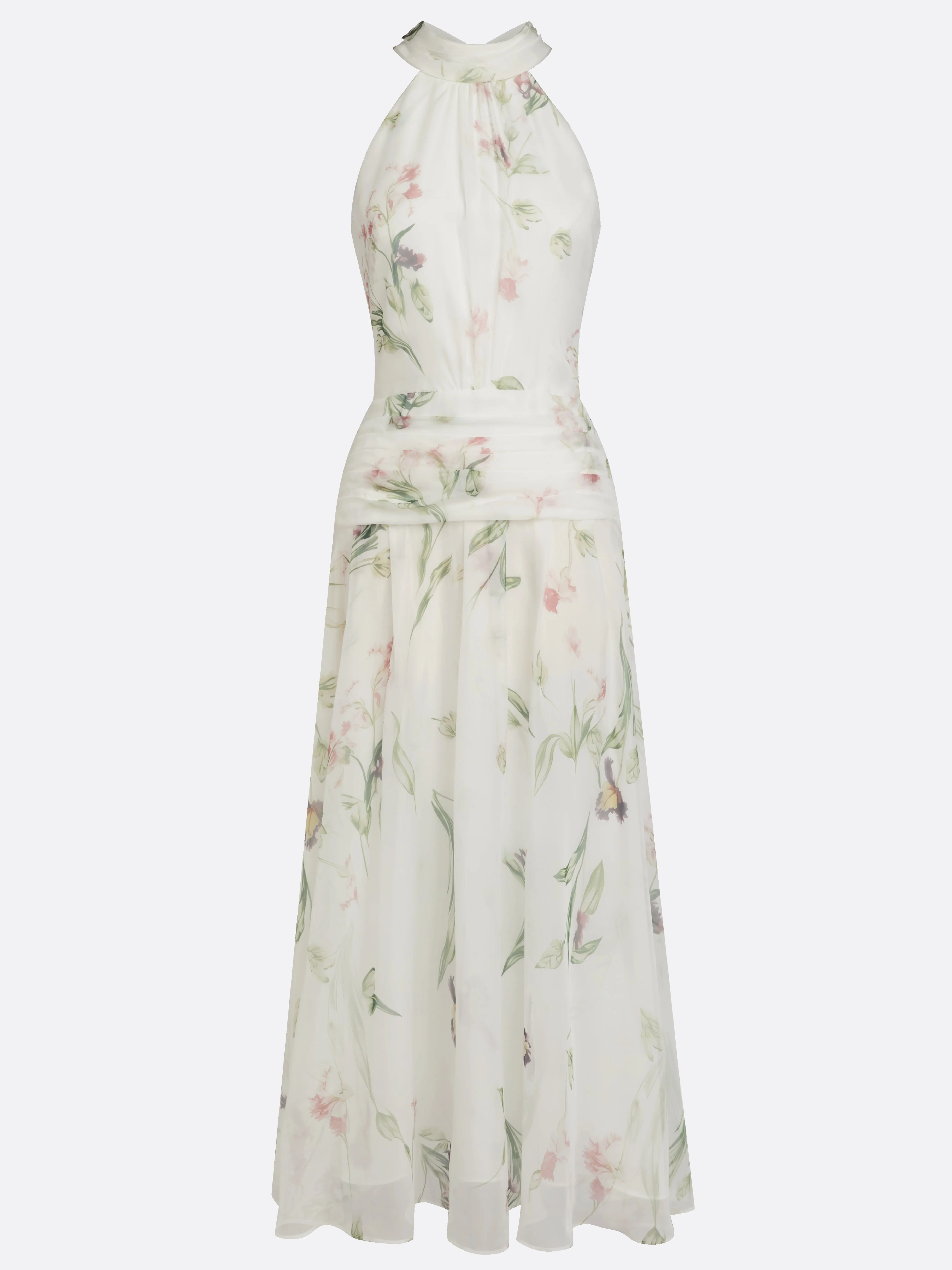 White Ruched Floral Chiffon Halter Neck Sleeveless A-Line Floor-length Gown Dress